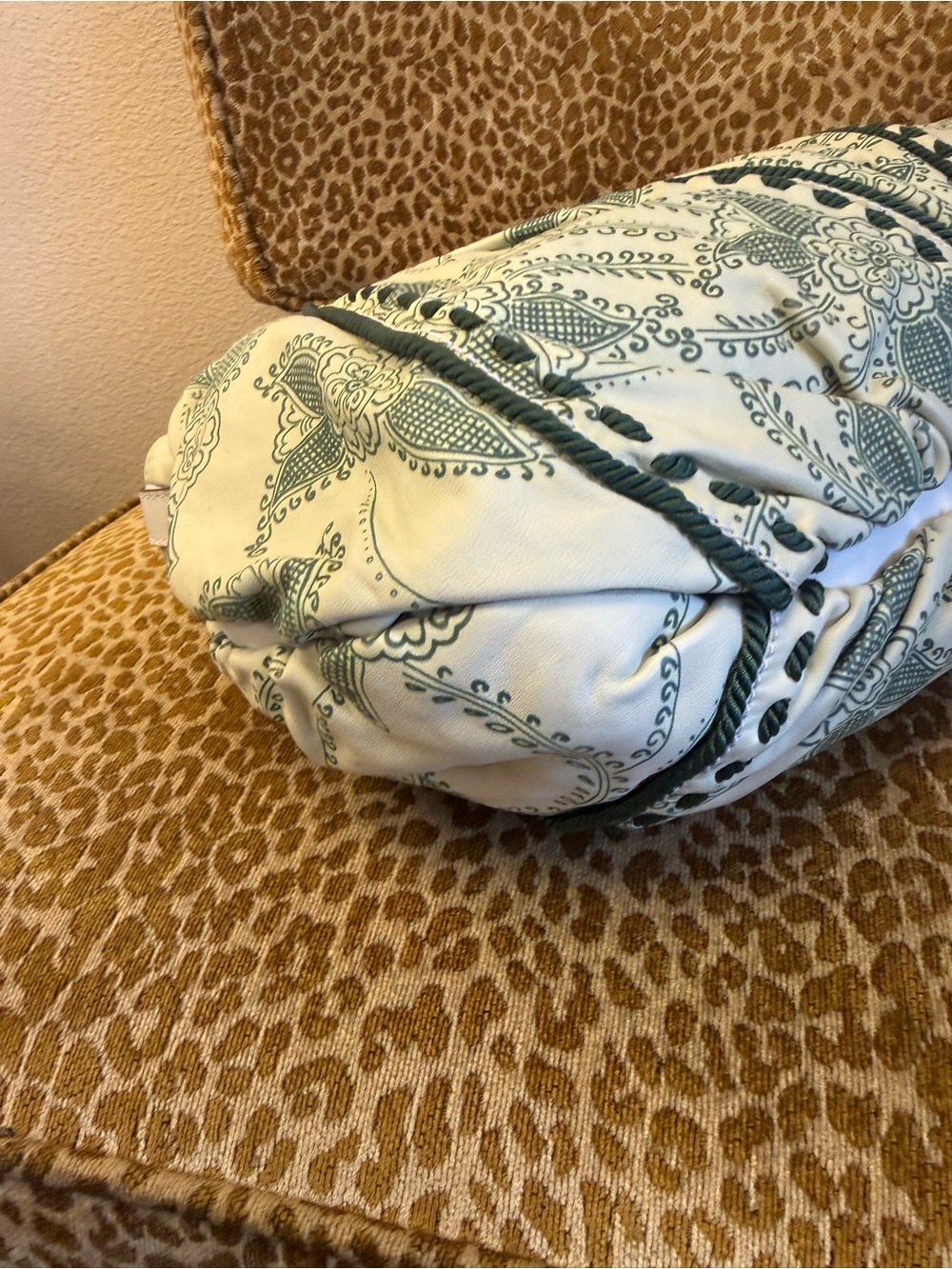 💯Auth! VINTAGE ROBERTO CAVALLI Cream/Green Floral Leather Bag w Braided Tassel - Picture 10 of 16